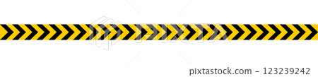 Caution barricade tape with black and yellow chevron print. Barrier in quarantine zone, construction work area or crime scene. Stop, attention, warn or forbidden signs. Vector flat illustration 123239242