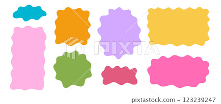 Different cute doodle wavy shapes. Set of abstract wiggly psychedelic forms. Speech bubble, tag, box or label templates isolated on white background. Vector flat illustration 123239247