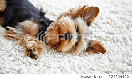 可愛的約克夏犬躺在地毯上 123239350