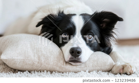 Cute border collie gazing in the living room 123239486