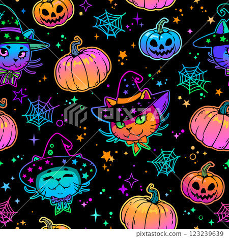 Seamless vector pattern with cute cats and Halloween pumpkin 123239639