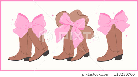 Coquette Cowgirl Boots and hat with Bow Flat Design set 123239700
