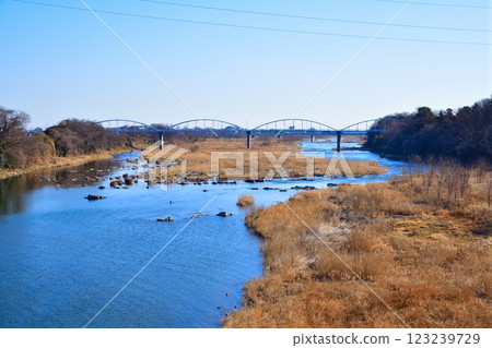 Beautiful scenery: Main stream of Arakawa River, downstream view from Shigetada Bridge, Fukaya City Beautiful scenery: Main stream of Arakawa River, downstream view from Shigetada Bridge, Fukaya City 123239729