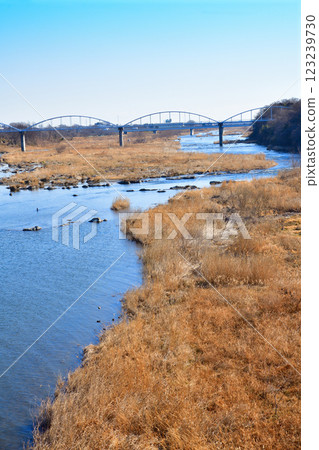 Beautiful scenery: Main stream of Arakawa River, downstream view from Shigetada Bridge, Fukaya City Beautiful scenery: Main stream of Arakawa River, downstream view from Shigetada Bridge, Fukaya City 123239730