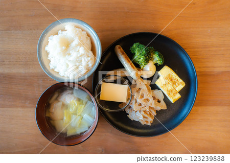Japanese breakfast plate with tamagoyaki (egg roll), miso soup and white rice Japanese breakfast plate with tamagoyaki (egg roll), miso soup and white rice 123239888