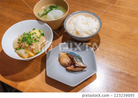 A dinner table with meat and potatoes and teriyaki yellowtail 123239895