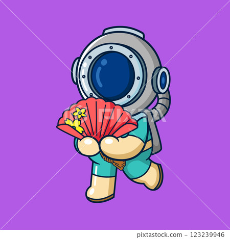 diver holding a traditional Chinese hand fan of illustration diver holding a traditional Chinese hand fan of illustration 123239946