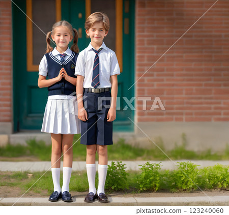 Friendly elementary school boys and girls in front of the school building 123240060