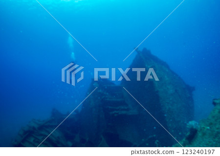 Divers diving into a sunken ship, Ogasawara, Tokyo 123240197