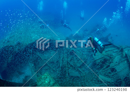 潛水員潛入東京小笠原的一艘沉船 潛水員潛入東京小笠原的一艘沉船 123240198