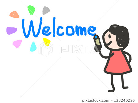 Illustration of a person writing the word "welcome" in English to greet and greet 123240256