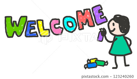 Illustration of a person writing the word "welcome" in English to greet and greet 123240260