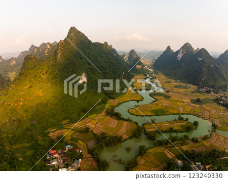 Aerial wide angle view of landscape with rice field at Phong Nam village in Trung Khanh, Cao Bang province,Northern Vietnam Aerial wide angle view of landscape with rice field at Phong Nam village in Trung Khanh, Cao Bang province,Northern Vietnam 123240330