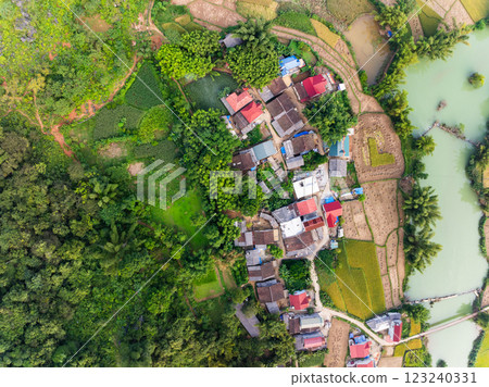 Aerial wide angle view of landscape with rice field at Phong Nam village in Trung Khanh, Cao Bang province,Northern Vietnam Aerial wide angle view of landscape with rice field at Phong Nam village in Trung Khanh, Cao Bang province,Northern Vietnam 123240331