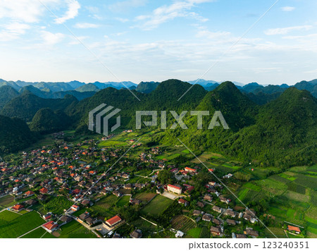 Amazing landscape nature view Rice fields and mountains in Bac Son valley, Lang Son,Northern Vietnam, Seen from above, High angle view Amazing landscape nature view Rice fields and mountains in Bac Son valley, Lang Son,Northern Vietnam, Seen from above, High angle view 123240351
