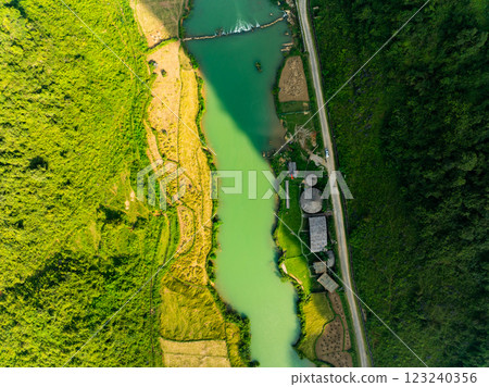 Aerial wide angle view of landscape with rice field at Phong Nam village in Trung Khanh, Cao Bang province,Northern Vietnam 123240356