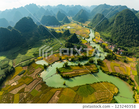 Aerial wide angle view of landscape with rice field at Phong Nam village in Trung Khanh, Cao Bang province,Northern Vietnam Aerial wide angle view of landscape with rice field at Phong Nam village in Trung Khanh, Cao Bang province,Northern Vietnam 123240358