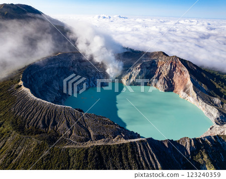 Aerial view Kawah Ijen volcano with turquoise sulfur water lake at sunrise.Amazing nature landscape view at East Java, Indonesia. Natural landscape background Aerial view Kawah Ijen volcano with turquoise sulfur water lake at sunrise.Amazing nature landscape view at East Java, Indonesia. Natural landscape background 123240359