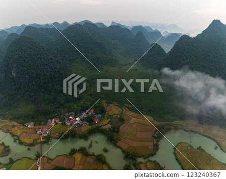 Aerial wide angle view of landscape with rice field at Phong Nam village in Trung Khanh, Cao Bang province,Northern Vietnam 123240367