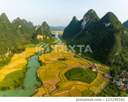 Aerial wide angle view of landscape with rice field at Phong Nam village in Trung Khanh, Cao Bang province,Northern Vietnam Aerial wide angle view of landscape with rice field at Phong Nam village in Trung Khanh, Cao Bang province,Northern Vietnam 123240382