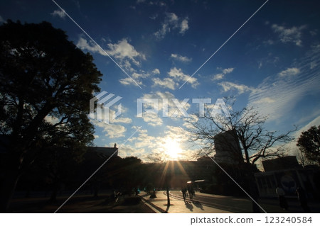 Autumn evening sky and a person walking Autumn evening sky and a person walking 123240584
