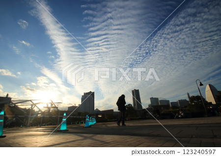 黃昏時建築物和日落的輪廓 123240597