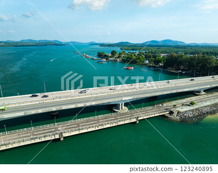 Aerial view of Sarasin bridge road transportation background concept The bridge is a between Phang Nga and Phuket island Thailand The bridge is the most important in making business and transportation Aerial view of Sarasin bridge road transportation background concept The bridge is a between Phang Nga and Phuket island Thailand The bridge is the most important in making business and transportation 123240895