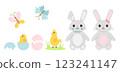 Flat cartoon Easter elements set with two gray bunnies, yellow chicks, butterflies, and cracked eggs. Pastel color palette, cute holiday and spring-themed design for decoration and clipart set 123241147