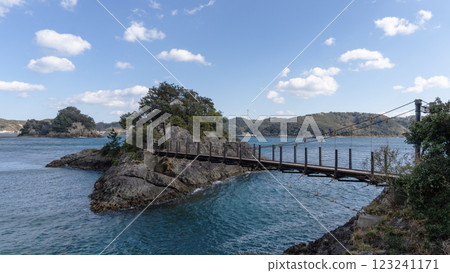 靜岡縣、徠島和以犬走島為背景的吊橋以及天空中的影印空間 [富士箱根伊豆國立公園] 下田市 123241171