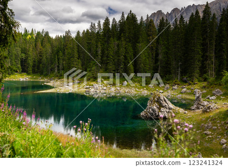 Karersee small alpine lake in Dolomites in South Tyrol, Italy Karersee small alpine lake in Dolomites in South Tyrol, Italy 123241324