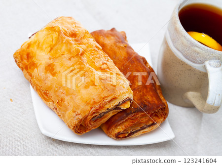 Napolitana with meat and cheese, spanish pastry 123241604