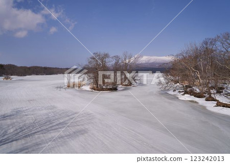北海道：冰凍的大沼湖和北海道駒岳 123242013