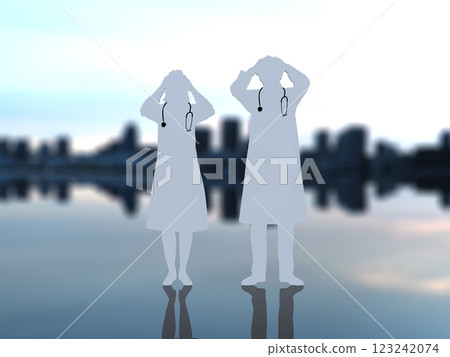 Silhouette of male and female doctors holding their heads in distress 3D illustration horizontal 123242074