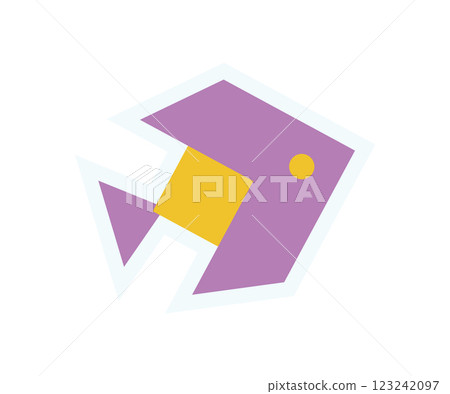 Brutalist abstract fish icon sticker. Modern geometric shape and figure create a minimalistic design. This icon features bold elements with a y2k aesthetic, suitable for contemporary graphic projects. 123242097