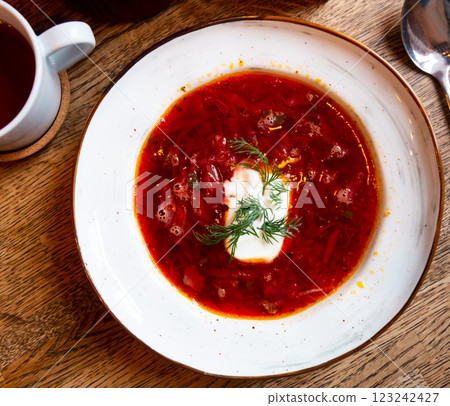 Russian borsch soup with meat and sour cream 123242427
