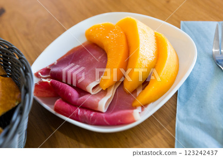 Thin slices of jamon served with melon 123242437