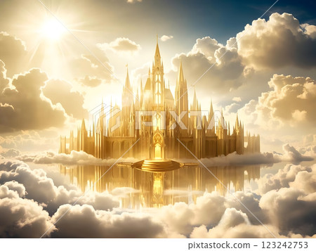 Majestic Heaven Golden City / Golden Castle in the Clouds Illuminated by Glorious Sunlight 123242753