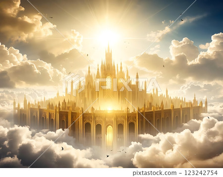 Majestic Heaven Golden City / Golden Castle in the Clouds Illuminated by Glorious Sunlight 123242754