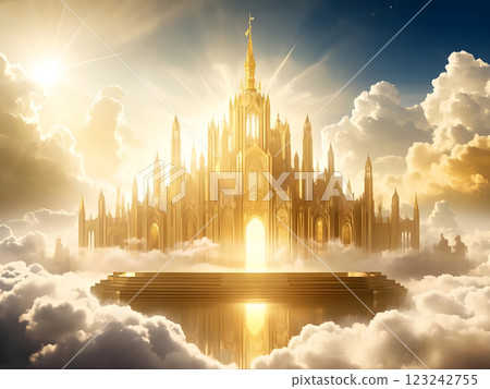 Majestic Heaven Golden City / Golden Castle in the Clouds Illuminated by Glorious Sunlight 123242755