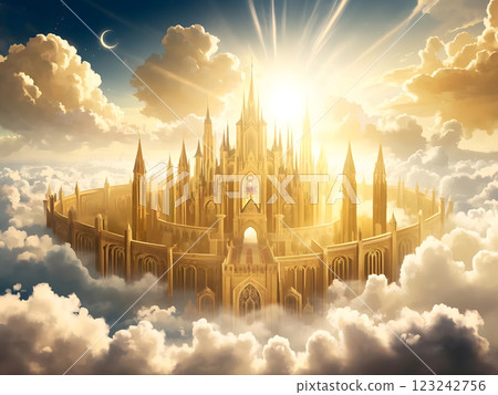 Majestic Heaven Golden City / Golden Castle in the Clouds Illuminated by Glorious Sunlight 123242756