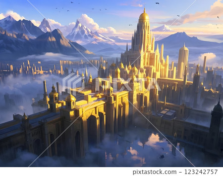 Majestic Heaven Golden City / Golden Castle in the Clouds Illuminated by Glorious Sunlight 123242757