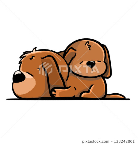 Two dogs sleep overlapping cartoon illustration, brown puppies taking nap drawing 123242801