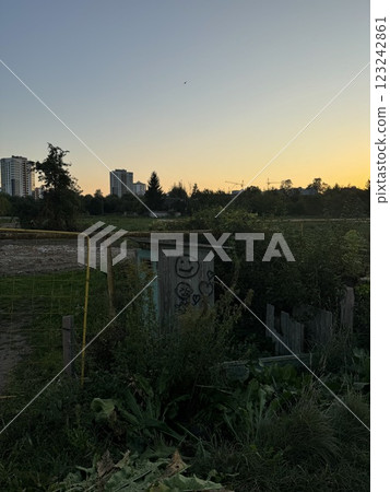 Small wooden shack with graffiti near construction site at sunset Small wooden shack with graffiti near construction site at sunset 123242861