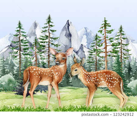 Reindeer couple in wildlife nature scene watercolor illustration. Hand drawn cute fawns in coniferous forest landscape with mountain range on background. Forest animals in natural habitat 123242912