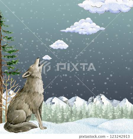 Howling wolf in wintertime landscape scene watercolor illustration. Hand drawn grey wolf in winter coniferous forest covered with snow. Wildlife animal during winter season period 123242913