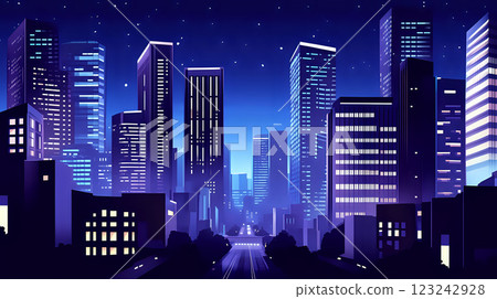 Sleek futuristic skyline illuminated by glowing night lights 123242928
