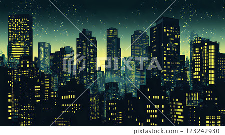 Stylized city skyline adorned with glowing accents against night 123242930