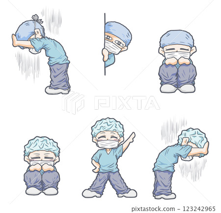 Operating room nurse standing, depressed, sitting on the floor, etc. 123242965