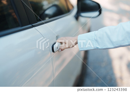 Hand holding smart car handle and opening a door. Transport, travel, service and car rental concept Hand holding smart car handle and opening a door. Transport, travel, service and car rental concept 123243398