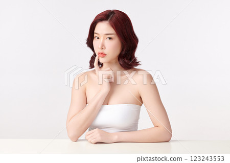 Beautiful young asian woman with clean fresh skin on white background, Face care, Facial treatment, Cosmetology, beauty and spa, Asian women portrait. 123243553